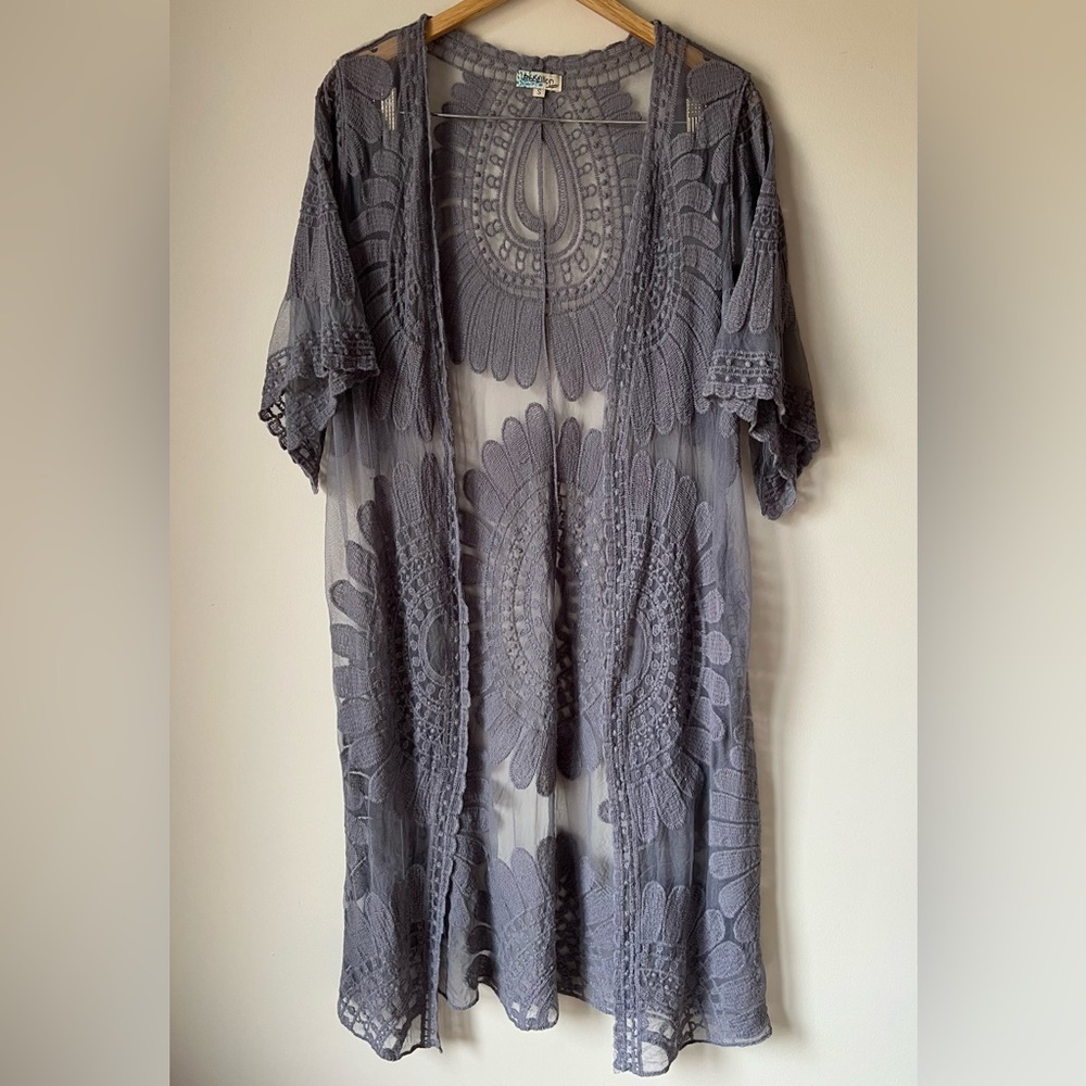 Rebellion Again Lace Kimono Duster Cardigan Cover-Up Gray Slate Bell Sleeves S - Picture 2 of 8